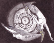 Dancers in the Deep: a merman dances in deep ocean with his mermaid, above the ruins of Atlantis.